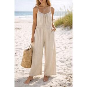 Monteau Los Angeles Linen Blend Jumpsuit Large Beige Wide Leg Tie Front Boho